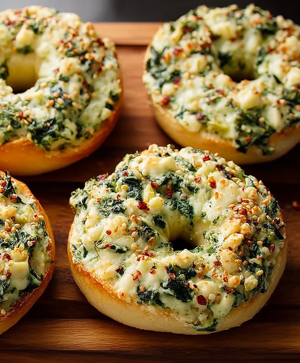 Cheesy Spinach-Artichoke Bagels- Easy & Delicious