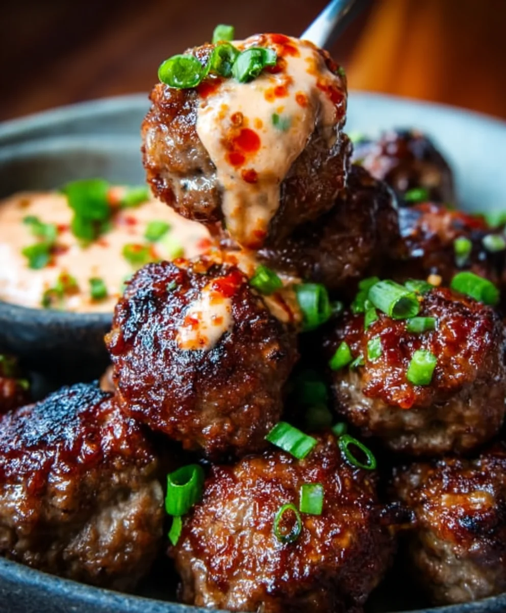 Korean BBQ Beef Meatballs Spicy Mayo Dip