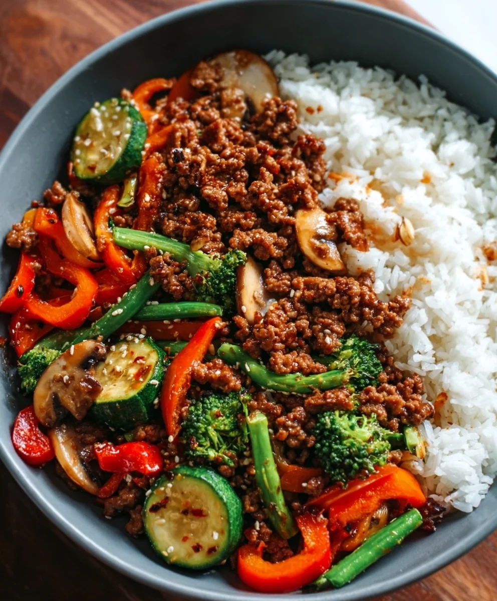 Spicy Beef Stir-Fry Garlic Veggies Steamy Rice Bowl