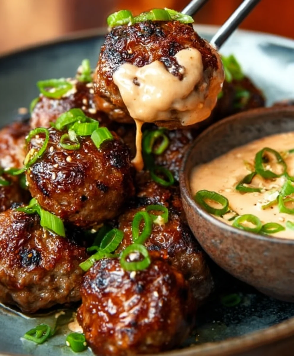 Korean BBQ Beef Meatballs Spicy Mayo Dip