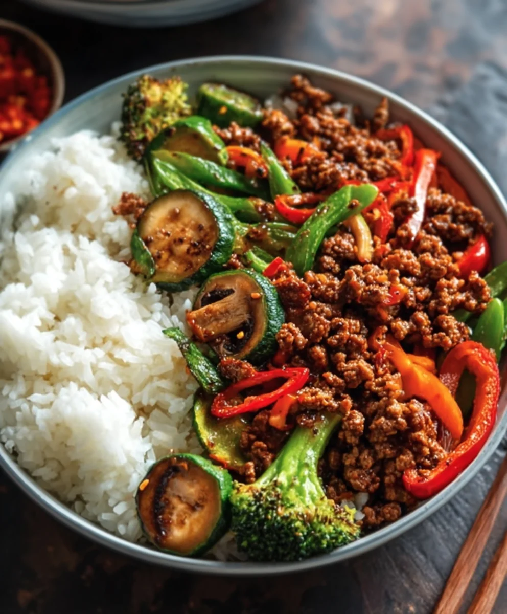 Spicy Beef Stir-Fry Garlic Veggies Steamy Rice Bowl