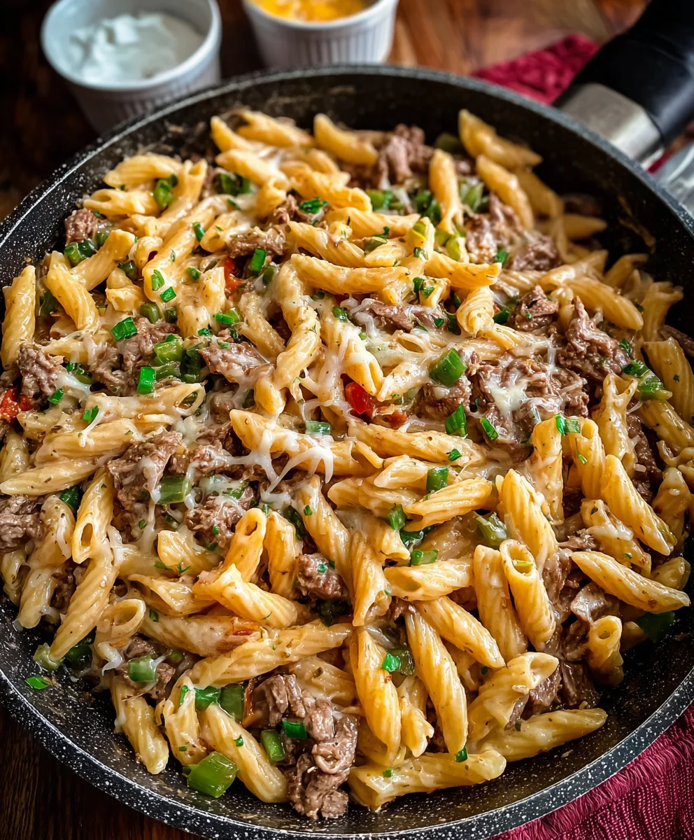 Philly Cheesesteak Pasta- Easy Beef and Cheese Dinner