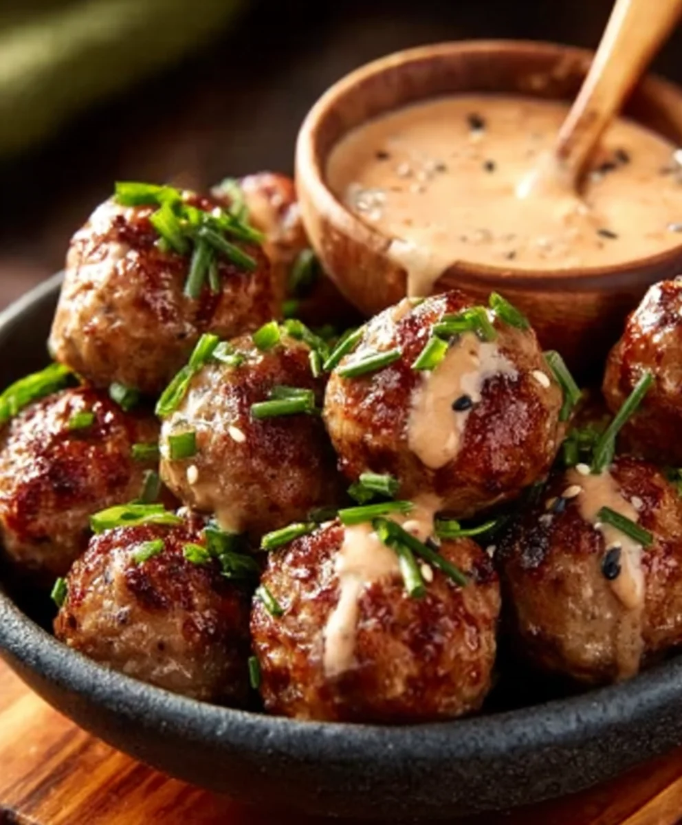Korean BBQ Beef Meatballs Spicy Mayo Begin extractner Friendly