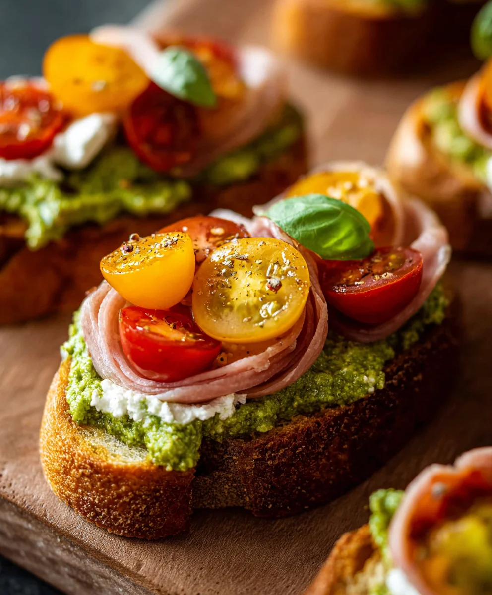 Tomato Crostini with Pesto Ricotta - Easy Appetizer