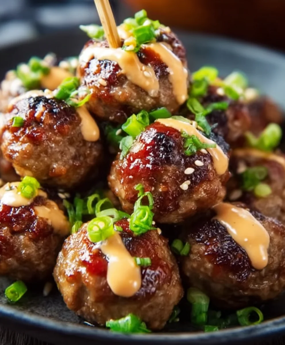 Korean BBQ Beef Meatballs Spicy Mayo Begin extractner Friendly