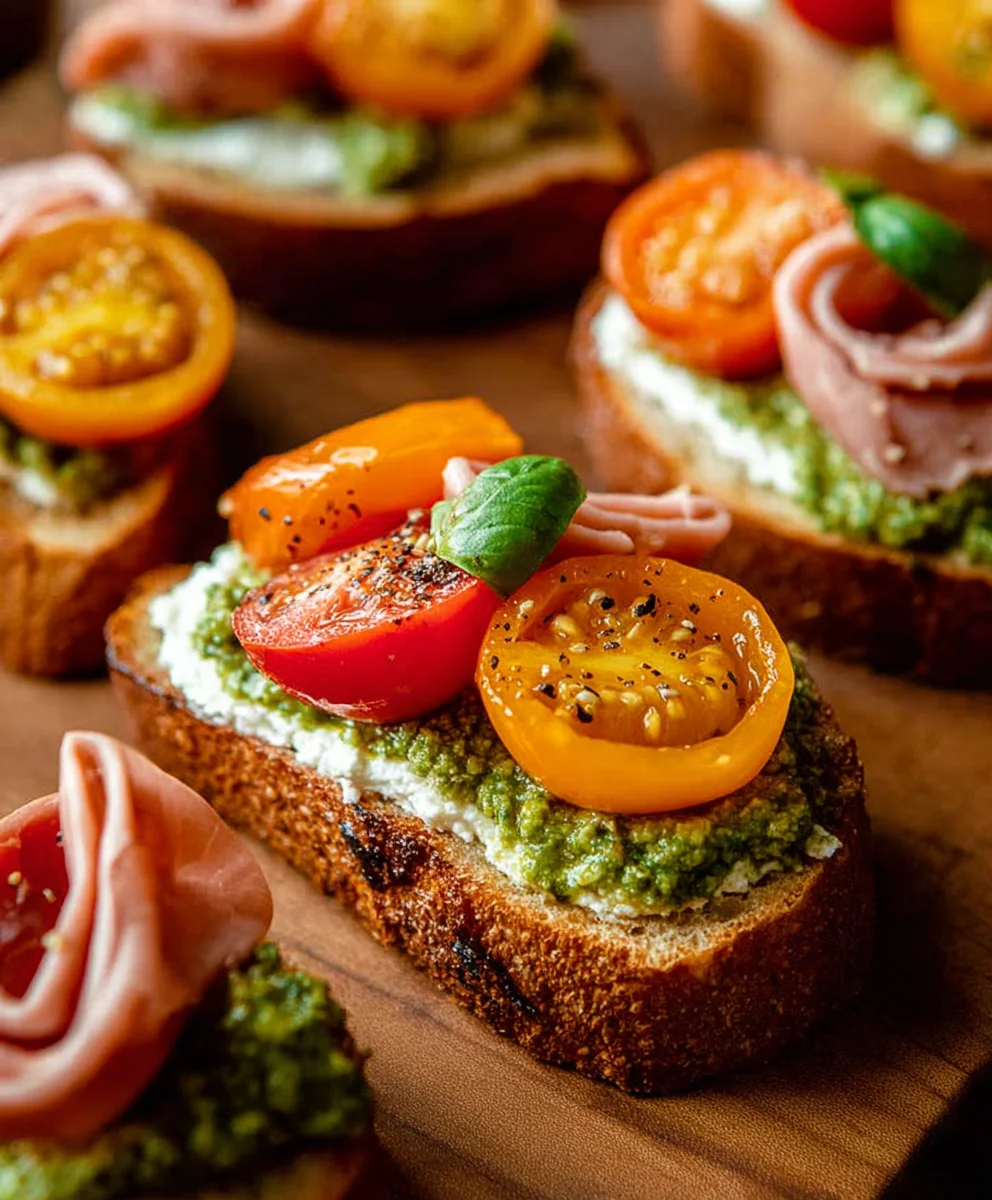 Tomato Crostini with Pesto Ricotta - Easy Appetizer