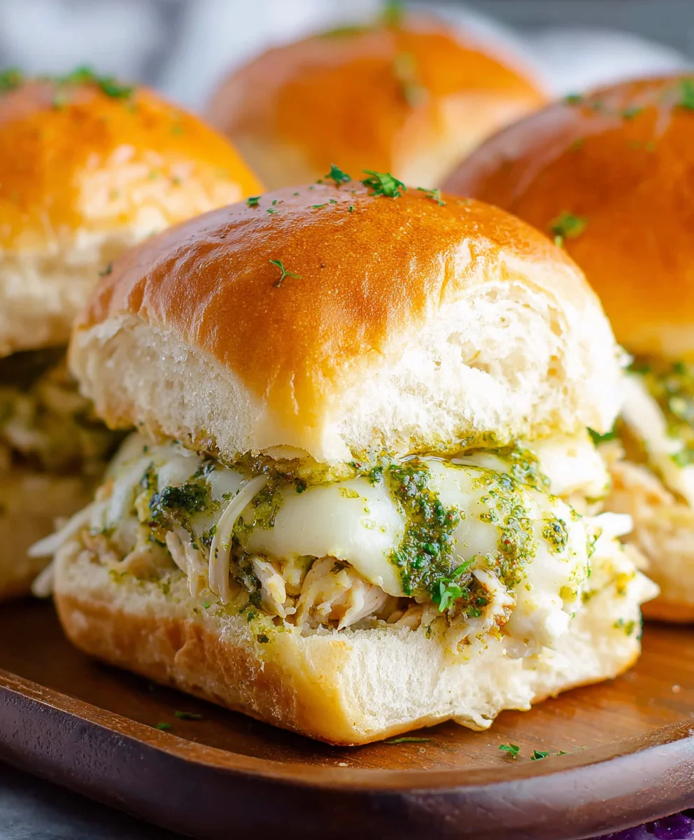 Cheesy Garlic Pesto Chicken Sliders-Easy Appetizer