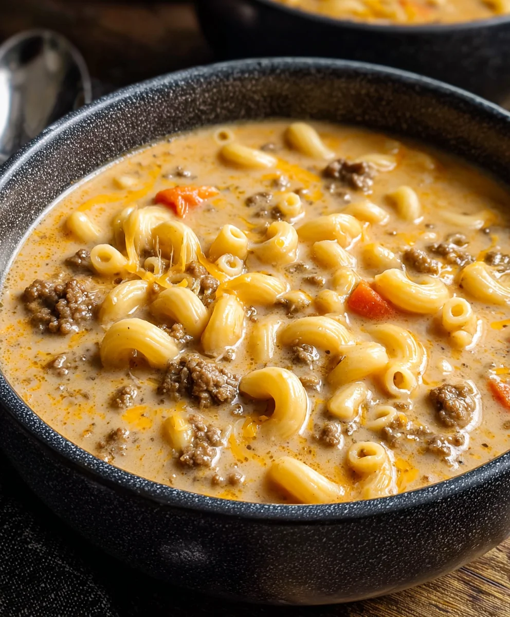 Cheeseburger Macaroni Soup- Creamy Beef Comfort