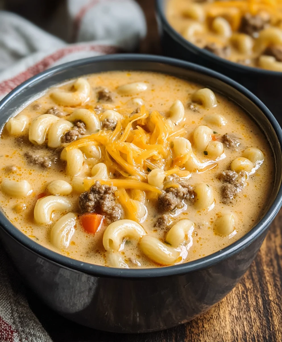 Cheeseburger Macaroni Soup- Creamy Beef Comfort